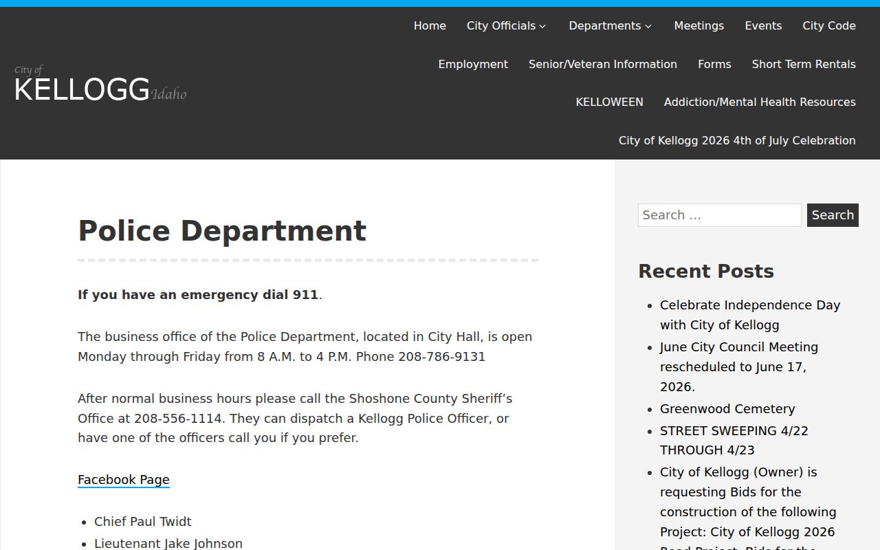 Kellogg Police Department contact page for Shoshone County arrest-record access