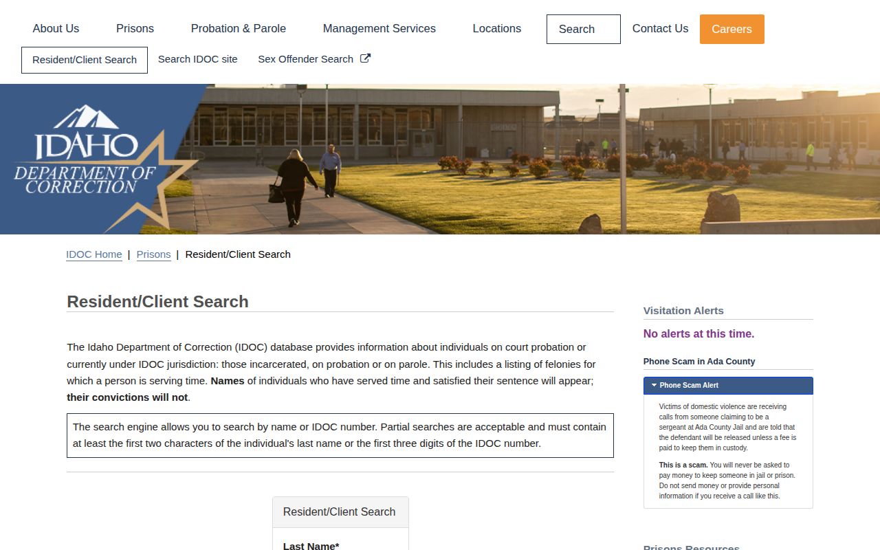 Idaho Department of Correction resident search for Shoshone County custody records