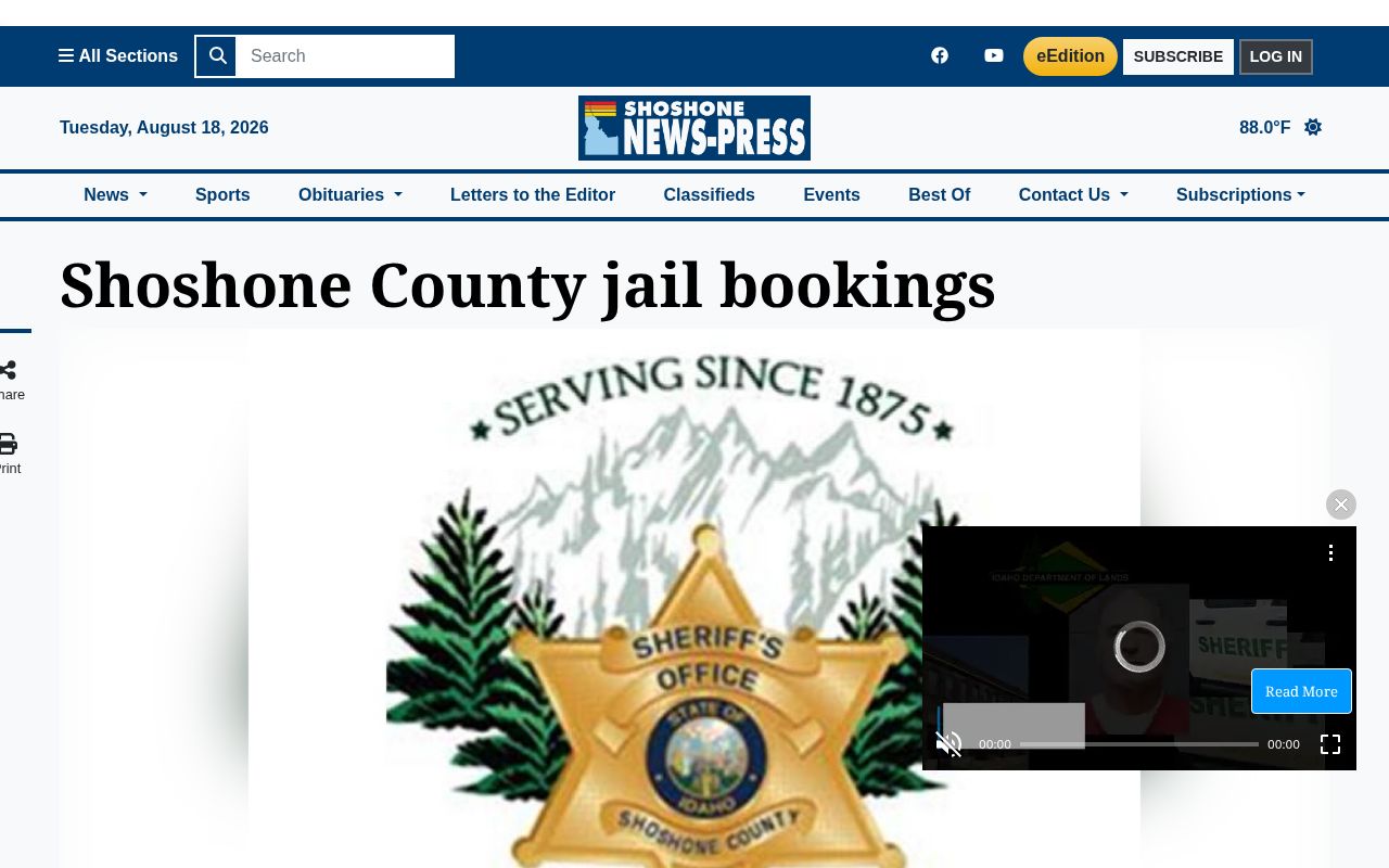 Shoshone County Sheriff booking-list article header from the Shoshone News-Press